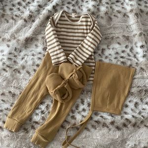 Quincy Mae mustard and cream stripe baby outfit